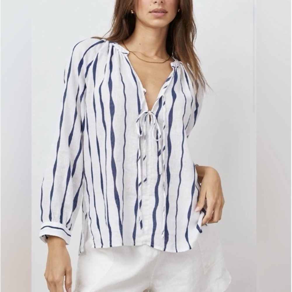Rails Brielle Wavy Stripe Blouse Luxe Linen Blend Lightweight L/S Coastal Chic S